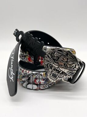 Ed Hardy Tiger Buckle Belt Size 34 NWT Black Leather Graphic Tattoo Print